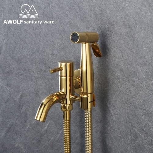 Toilet Hand Held Bidet Sprayer Titianium Shiny Gold Solid Brass Faucet Stainless Steel Sprayer Douche Kit Shattaf Shower AP2206