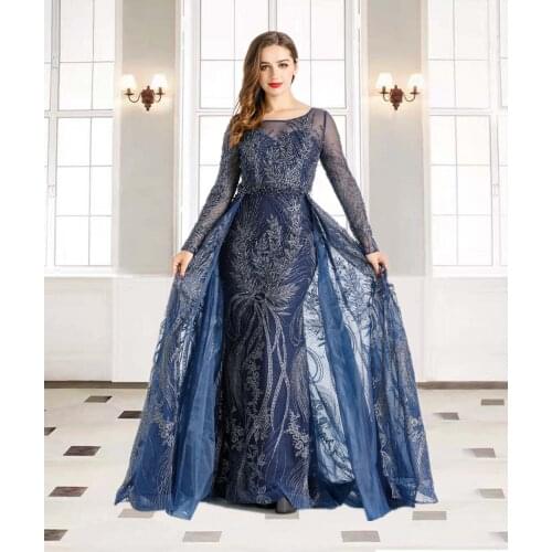 Dark Blue Luxury Beading With Train Mermaid Evening Dresses Gowns 2021 For Women Party HO1027