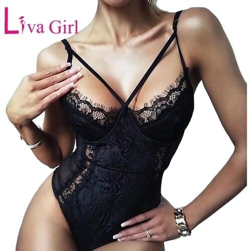 LIVA GIRL Woman Halter Hollow Out Lace Sexy Bodysuit 2021 Summer Sleeveless Bedtime Underwear Female Sling Slim Bodycon Jumpsuit