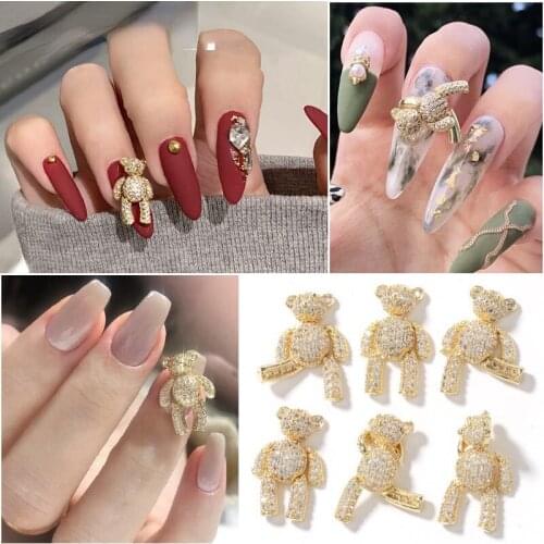 3D Gold Wing Bear Nail Art Decorations Crystal Alloy Pearl Zircons Rhinestone Charms Nail Jewelry Ornaments Accessories