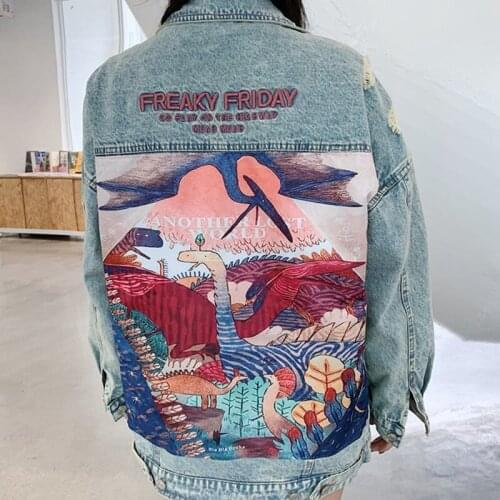 2021 New Fashion Dinosaurs Cartoon Print Long Denim Jacket Femme Coat Women Vintage Streetwear Style Loose Jean Jacket Plus Size