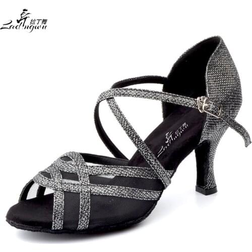 Ladingwu 2018 New Flash Cloth and Mesh Modern Latin Dance Shoes Women Square Ballroom Performance Party Dance Shoes heels