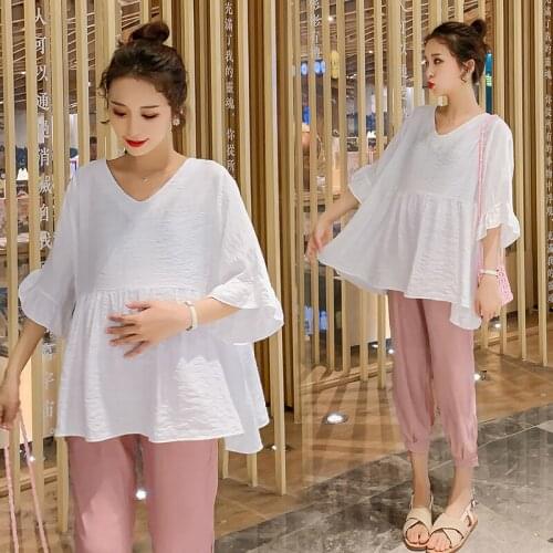 0943# Maternity V Neck Tops+ Pants Two-piece Maternity Clothes Loose Stylish Set Pregnant Women Pregnancy Clothes