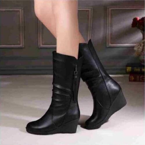 2020 Winter Warm Fur Boots Womens Boots High Heels Side Zipper Female Shoes Black Woman Boots Shoes Wedge Boots Shose Women