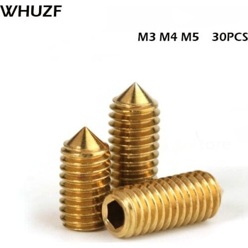 Free shipping 30pcs M3 M4 M5pure brass DIN914 hex socket cone point headness set gurb screw