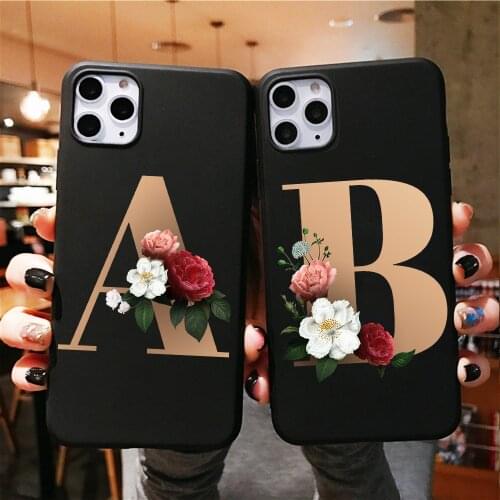 Letter N R Alphabet Flowers Print Floral Black Phone Case for iPhone x 7 7s 6 6s 8 plus Xs XR Max SE Phone Cover Silicone Coque