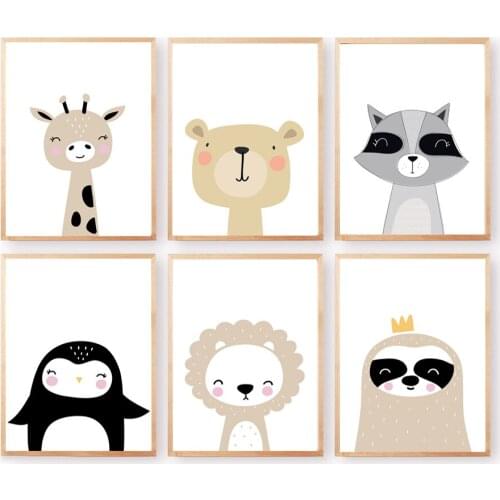 Raccoon Giraffe Penguin Hippo Whale Wall Art Canvas Painting Nordic Lion Posters Bear Prints Wall Pictures Kids Baby Room Decor