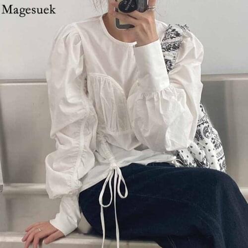 Korean Fashion Lantern Long Sleeve Blouse Women Pleated Stitching Drawstring White Shirt Casual O Neck Women Tops Blusas 16496