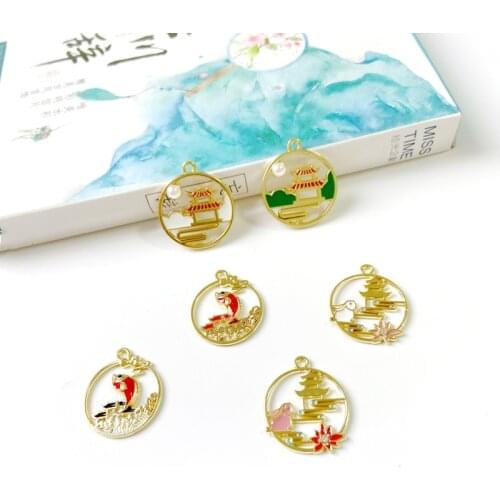 Pavilion Good Luck Koi Fish Yutu Alloy Round Brand Homemade Earrings DIY Jewelry Hairpin Material