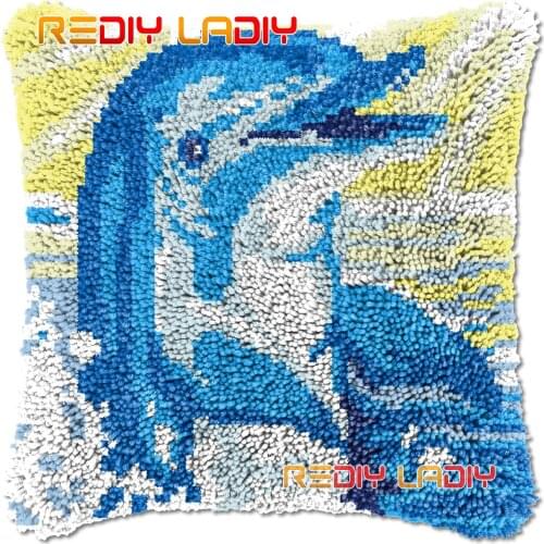 Latch Hook Cushion Playing Dolphin DIY Needlepoint Kits Chunky Acrylic Yarn Arts Crocheting Lofty Pillow Case Hobby & Crafts