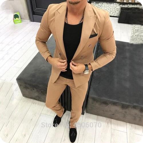 Khaki Mens Suits Smart Casual Business Slim Fit Wedding Tuxedos Groom Wear Ternos Hombre 2 Piece Jacket Pants Costume Homme