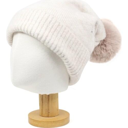 2020 New Girls Heather Grey Knit Slouchy Hat Warm Soft Faux Fur Pompom Winter Hat Women White Blush Cashmere Beanie