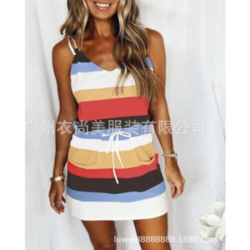 2021 European and American Summer New Products Striped Color Womens V-neck Drawstring Sling Dress