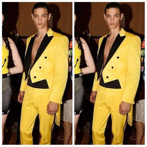 New Design Yellow Groom Tuxedos Black Peaked Lapel Groomsmen Mens 2 Pieces Suits Slim Fit Man Jacket Blazer Suit (Jacket+Pants)