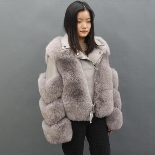 JANEFUR Genuine Fox Fur Coat Patchwork With Belt Winter Furry