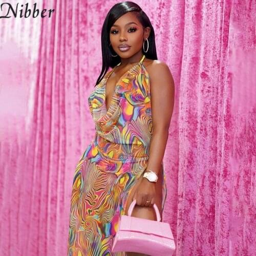 Nibber See Through Printing Sleeveless Women Halter Slit Bandage Backless Bodycon Dress Summer Sexy Streetwear Y2K Party Club