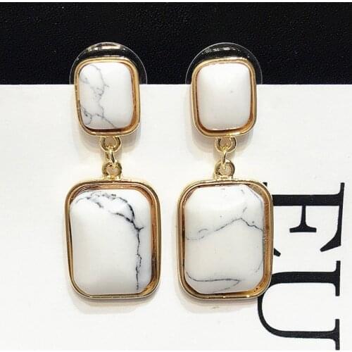 FYSL Light Yellow Gold Color Layer Rectangle Shape White Howlite Stone Stud Earrings Green Turquoises Jewelry