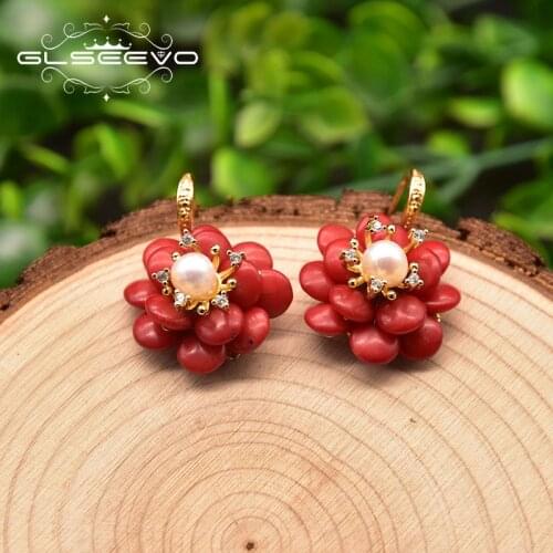 GLSEEVO Natural Coral Pendant Earrings Female Wedding Flower-Shaped Handmade Fashion Gifts Ladies Earrings Jewelry GE1042