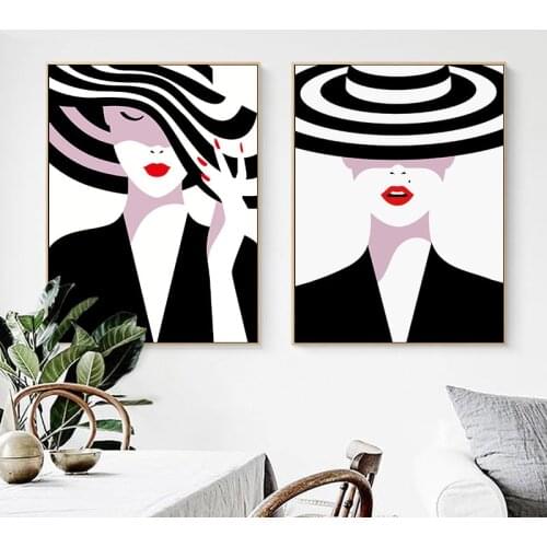 Nordic Minimalist Red Lips Girl Canvas Paintings Black and White Striped Hat Poster Print Wall Art Pictures Girls Bedroom Decor