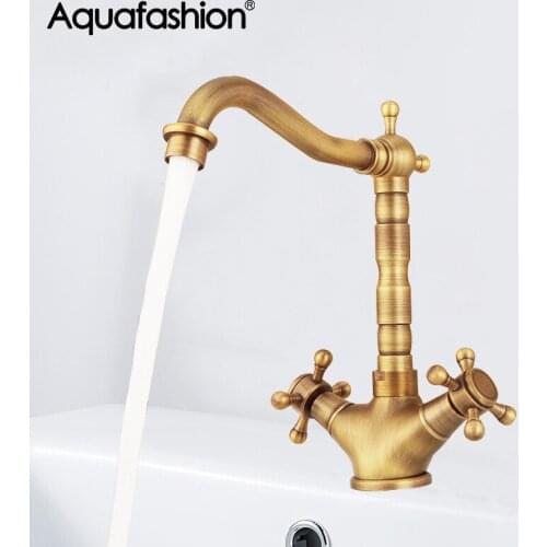 Antique Style Basin Faucets Hot and Cold Water Bathroom Vanity Tap Brass Kitchen Mixer Taps 360 Swivel