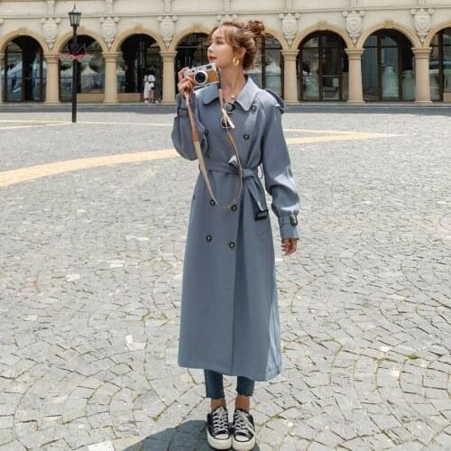 New Fashion Blue Green Purple Long Double-Breasted Women Trench Coat Lady Duster Coat Spring Autumn Outerwear Female Clothes