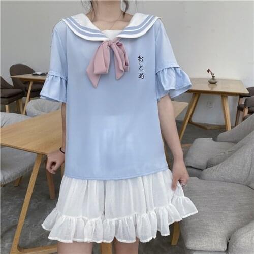 Japanese Women Kawaii Lace Up Collar Blouse Summer Harajuku Ruffle Short Sleeve Sailor Moon Vintage Shirt Off Shoulder Top Pink