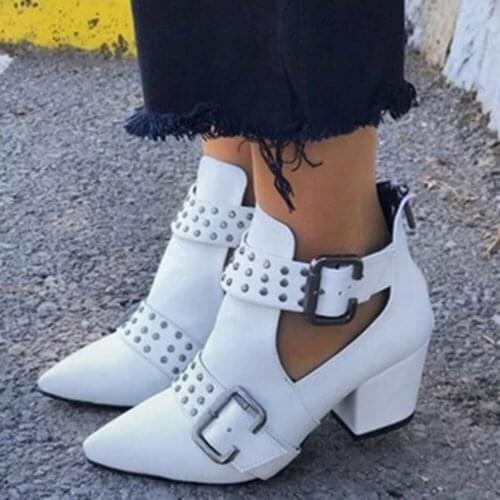 2021 Womens Boots Short Cutout Chunky Block Stacked Heels Shoes Ankle Booties Female Ladies Autumn Shoes Plus Size Shoe Women