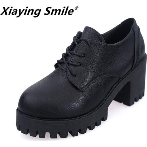 Xiaying Smile Women pumps spring & autumn super heel Pumps fashion casual square heel women leather pumps ladies platform shoes