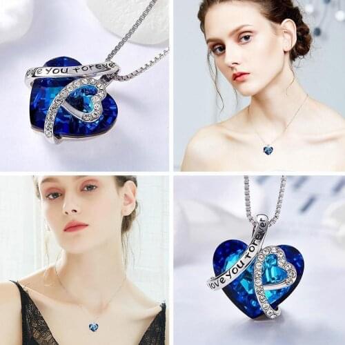 Women "I Love You Forever" Ocean Blue Heart Pendant Necklace Blue Heart Crystals Elegant Jewelry Necklace Rhinestone With F Y8G5
