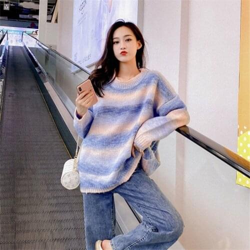 Bella Philosophy Wonder 2020 Autumn Rainbow Sweater Pullovers Vintage Female Loose Cocoon Striped Knitted Tops Casual Sweaters