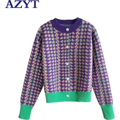 AZYT Vintage Style Panelled Women Sweater Cardigan Casual Patchwork Long Sleeve Short Knit Cardigan Female 2021 Knitwear Jacket