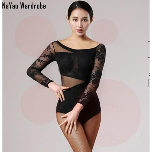 2021 New YL143 Women Latin Dance Bodysuit Lace Sleeve O Neck Patchwork Latin Dancing Tops Performamnce Modern Dance Dress
