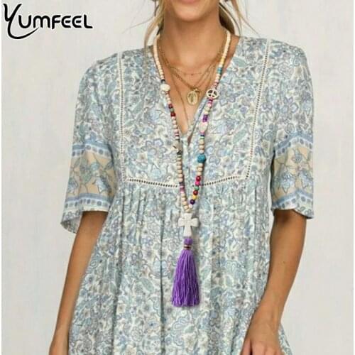 Yumfeel New Purple Tassel Cross Necklace Jewelry Long Beaded Women Necklaces Trendy