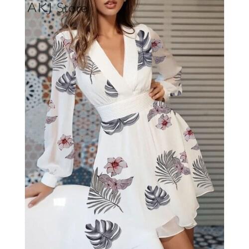 Women Long Sleeve Deep V Neck White A-line High Waist Ruffles Dress OL Elegant Solid Color Work Party Dress