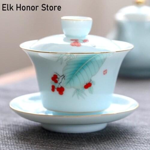 150ml Cherry Plant Tea Bowl Saucer Lid Set Tea Tureen Ceramic Gaiwan Teaware Mast Cup Drinkware Container Tea Cup Decor Crafts