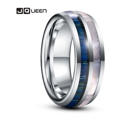 8mm Blue Wood Grain White Shell Dome Tungsten Carbide Ring Mens Fashion Wedding Jewelry Gift