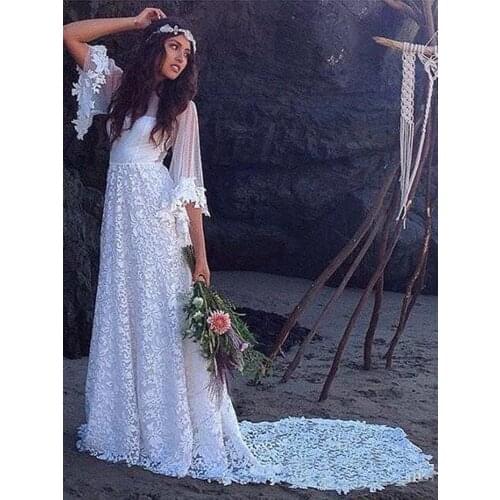 Boho White Lace Wedding Gown with Long Train Sheer Neck Illusion Back Long Flare Sleeves Bridal Dresses 2020 Spring Summer