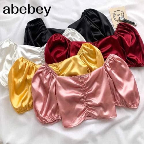 2021 New Summer Fashion All-match V-neck puff sleeve Blouse single breasted ruched slim Satin short Shirt Top