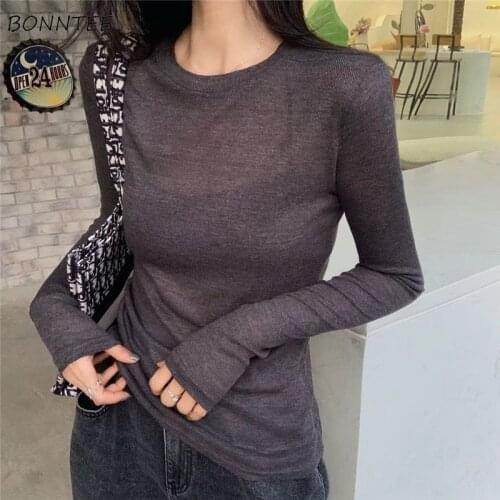 T-Shirts Women 7 Colors Korean Style New Sexy Female Clothes Skinny O-Neck Lantern Sleeve All-match Popular Trendy College Cozy