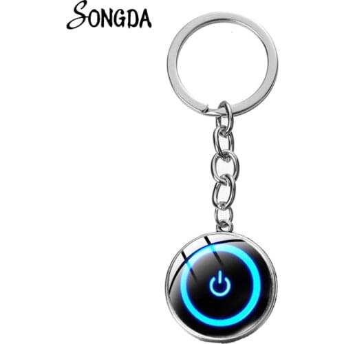 Hot Computer Button Key Chain Power Switch Button Pattern Art Glass Crystal Keychain Ring For Women Men Jewelry Gift Accessories
