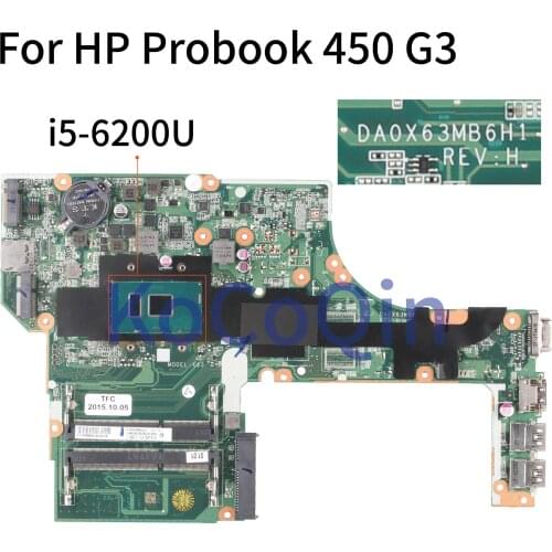KoCoQin Laptop motherboard For HP Probook 450 G3 Core SR2EY i5-6200U Mainboard DA0X63MB6H1 REV:H