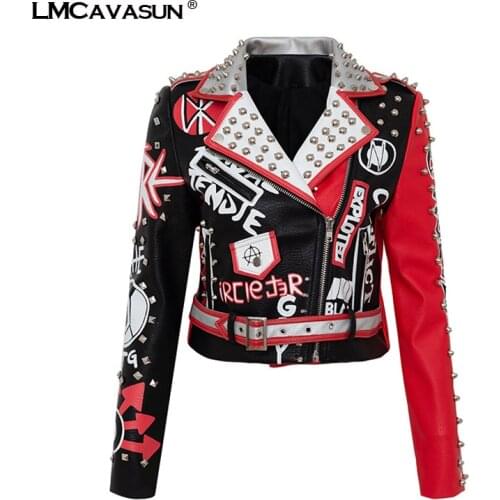 LMCAVASUN soft Pu leather coats Women cartoon Print Leather Jacket Turn down collar Punk Rock Cropped Jackets faux leather coat