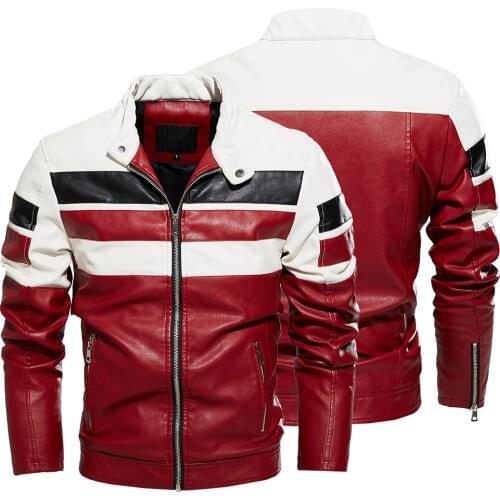 Mens Jacket Stripe Colorblock Bomber Jacket Street Wear Autumn Winter Coats Men Leather Fur Jacket Motorcycle Slim Fit Coat New
