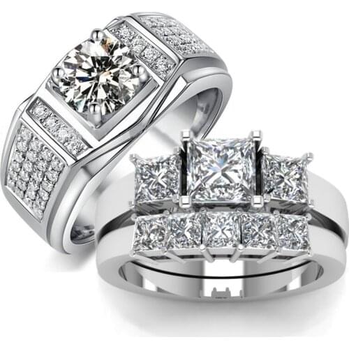 Silver Color Mens Ring Rhinestone Womens Ring Accessories Set Valentines Day Gift Engagement Jewelry 2019