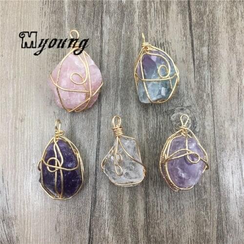 Raw Quartz Druzy Crystal Nugget Pendant Charms, Genuine Fluorite Amethysts Rose Quartzs Golden Wire Wrap Charms MY1696
