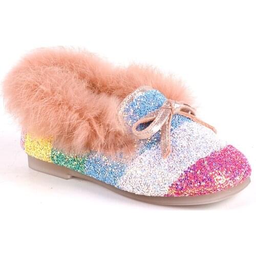 New 2020 Baby Girls Shoes Blingbling Rainbow Flats Winter Cotton Slip-on Soft Bottom Pea Flats Girls Glitter Warm Shoes