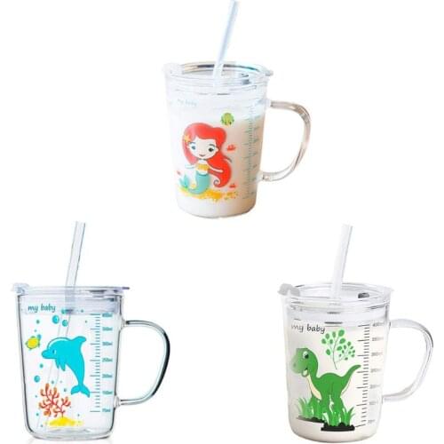 2021 New 1Set Children Cartoon Milk Cup with Straw Transparent Scale Glass Cup for Toddlers Kids Use
