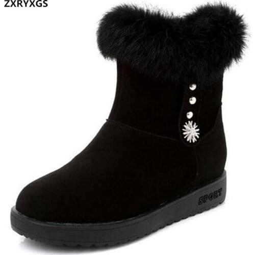 New Real Rabbit Fur Frosted Cowhide Winter Leather Boots Snow Shoes Warm Ankle Boots Flat Large Size Fashion Shoes Women Boots
