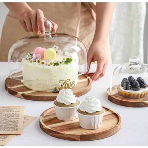 Modern Round Wooden Cake Tray with Glass Cover Dessert Bread Display Stand Fruit Snack Plate Kitchen Utensils Holiday Decoration
