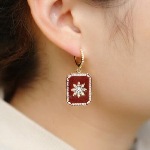 Rectangular ear drop earrings for modern lady carved shiny cz flower fashion Geometric punk jewelry for lucky girl